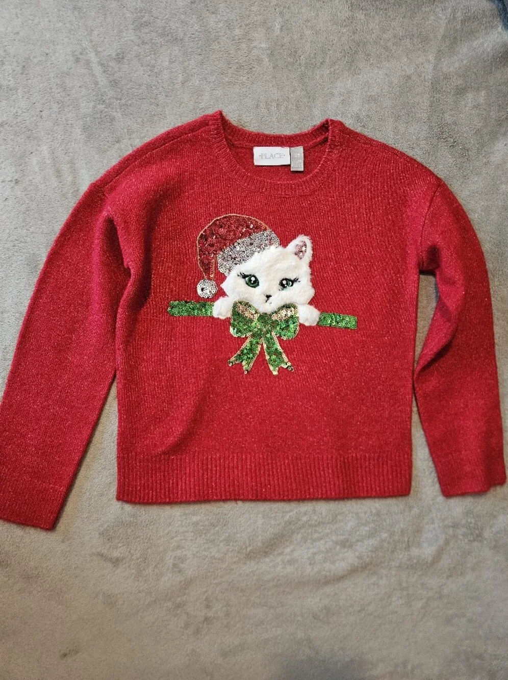 Sparkly Red Holiday Kitty Sweater with Green Sequin Bow